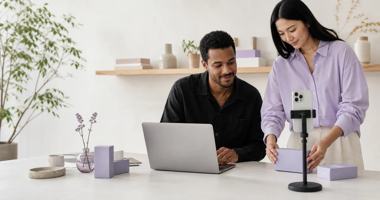 A merchant and creator planning an unbranded product campaign together