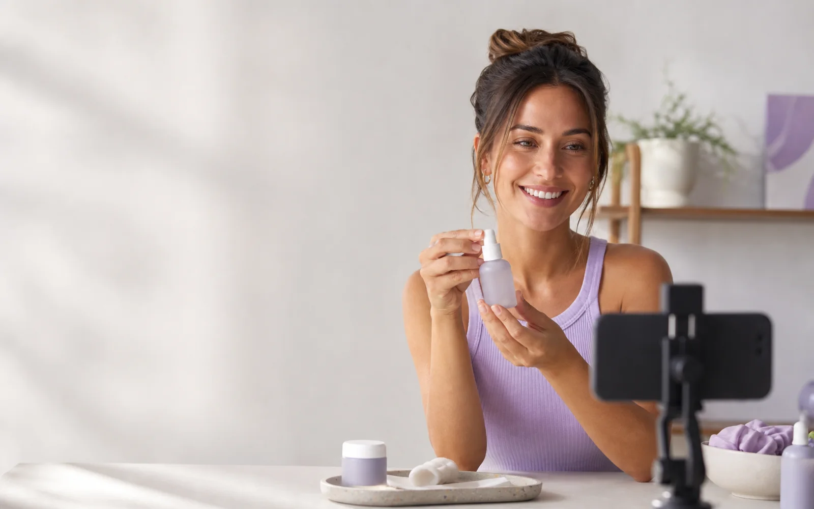 Creator presenting a product in a bright studio