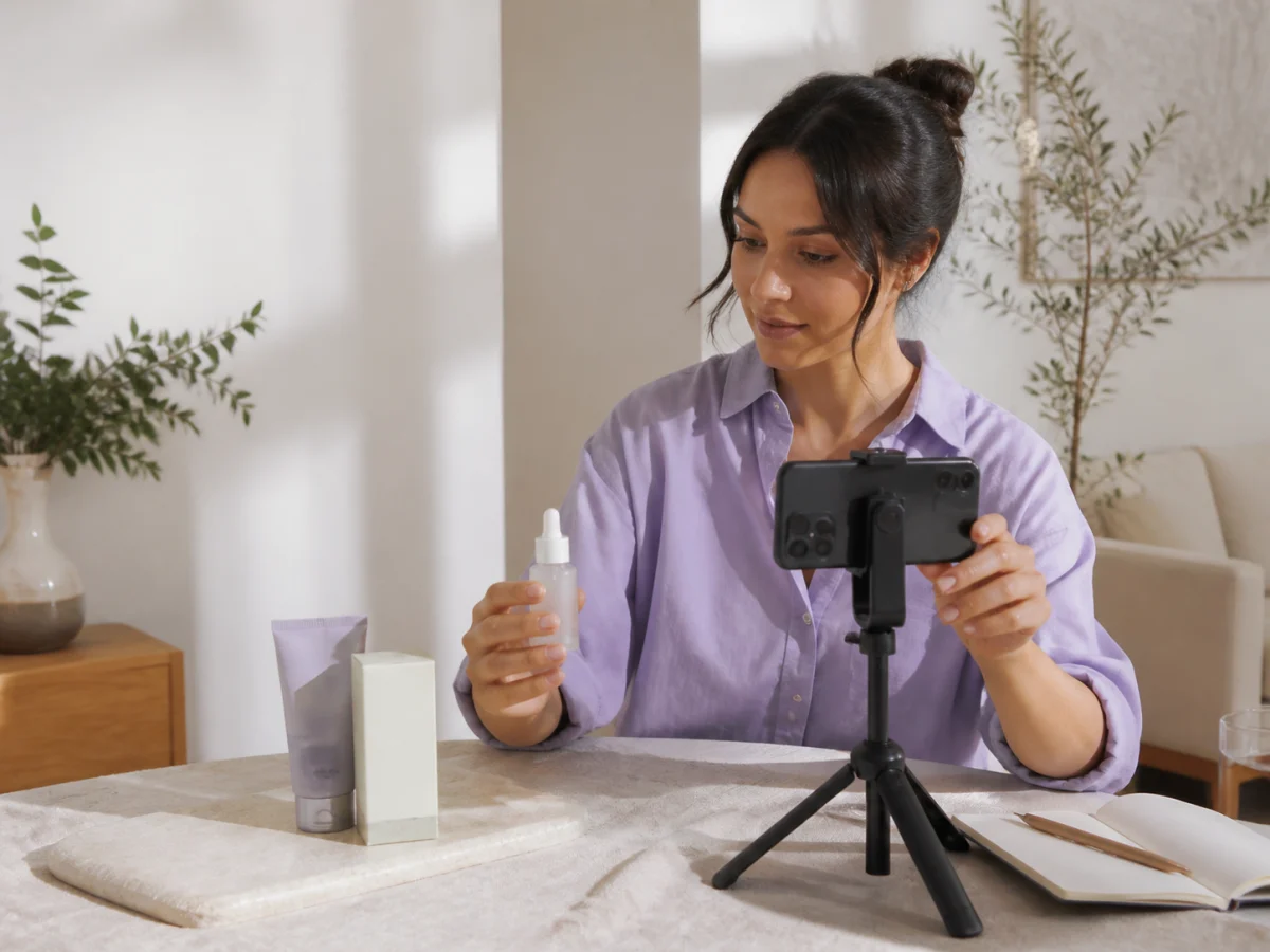 A creator preparing an unbranded product video from a home workspace